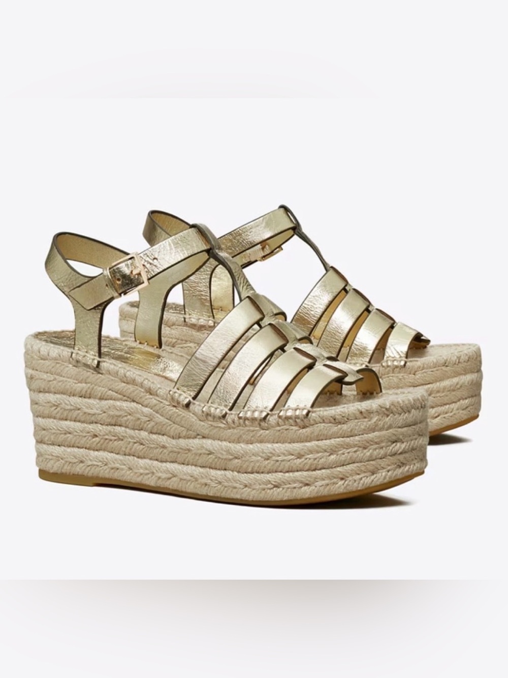 Tory Burch Fisherman Leather Metallic Gold Espadrille Platform wedges sandals 7M